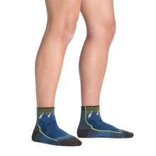 Darn Tough Kids Quest Quarter Lightweight Hiking Sock in Mountain Blue on foot