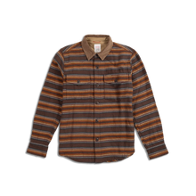 Topo Designs Mountain Shirt Jacket Men's in Dark Brown Stripe - front