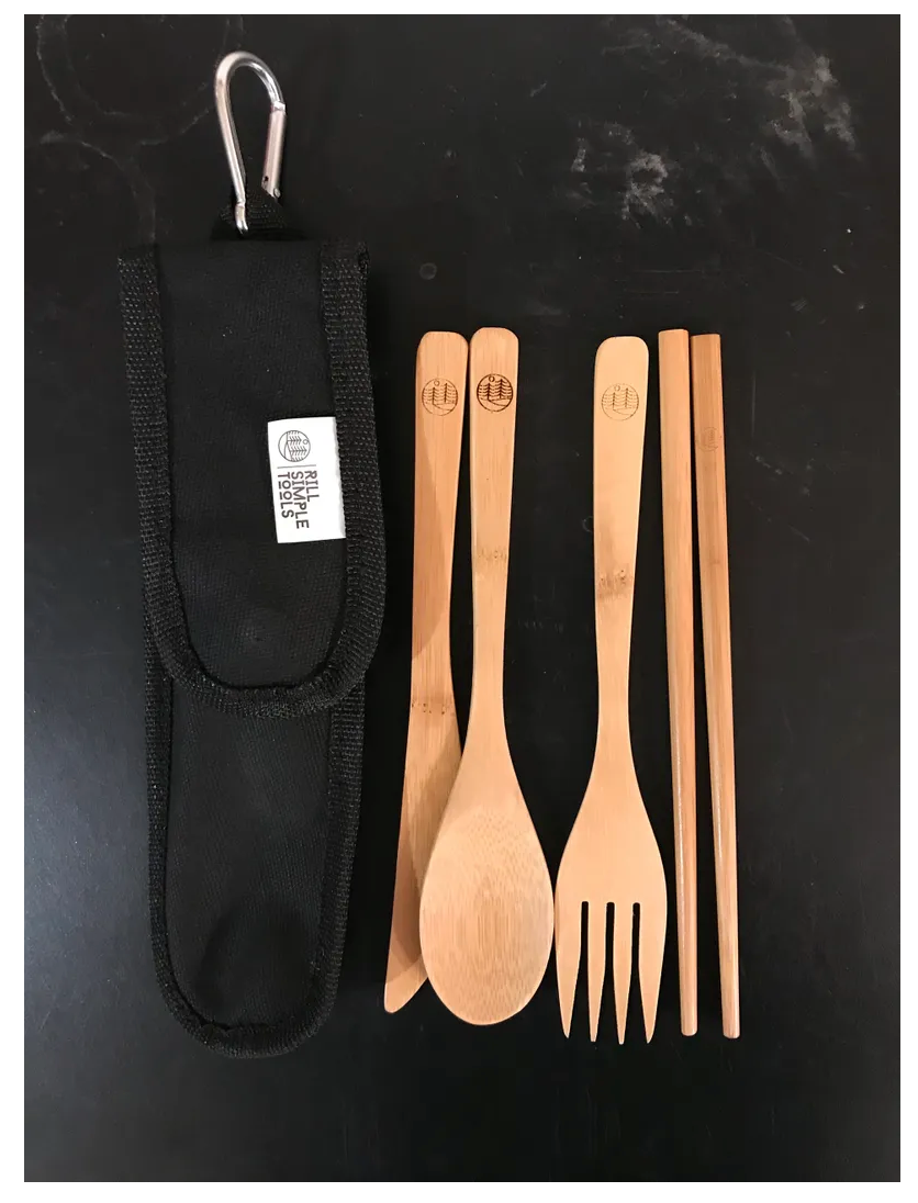 Rill Simple Bamboo travel utensils: chop sticks, spoon, knife, fork, case with carabiner