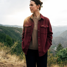 Topo Designs Mountain Shirt Jacket Women's in Huckleberry Multi - on model