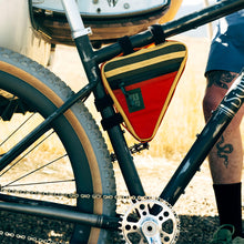 Topo Designs Bike Frame Bag in Woodland/Terracotta - on the bike